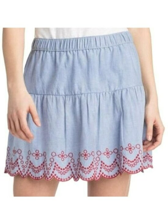 Vineyard Vines Dresses & Skirts - Vineyard Vines Blue Red Embroidered A Line Mini Skirt Chambray Flounce Pull On